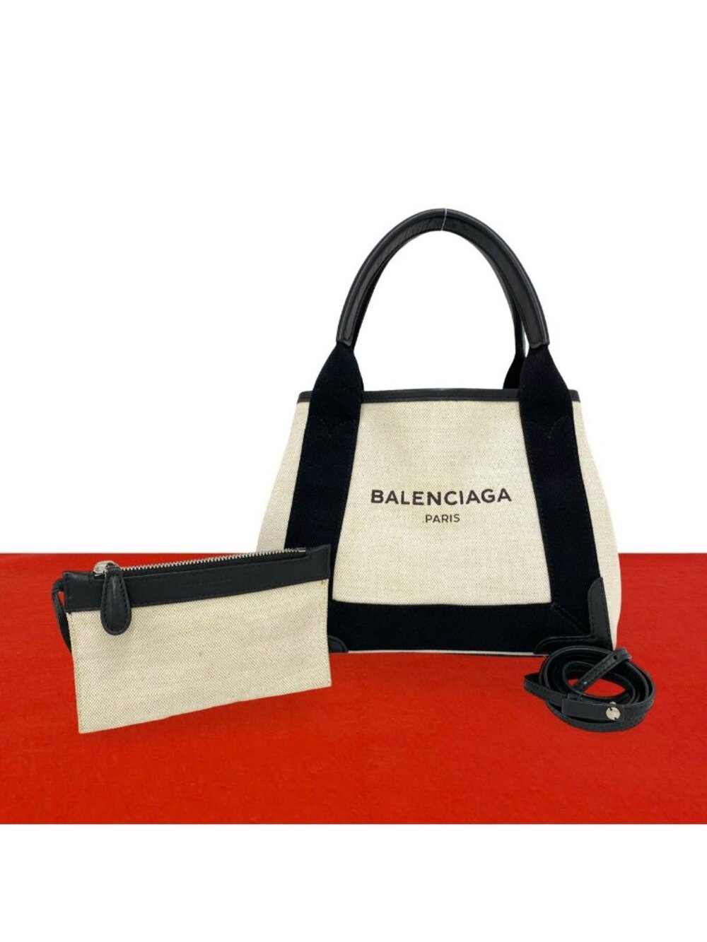 Balenciaga Navy Cabas Logo Canvas Leather 2-Way Shoulder Bag Tote Black Ivory